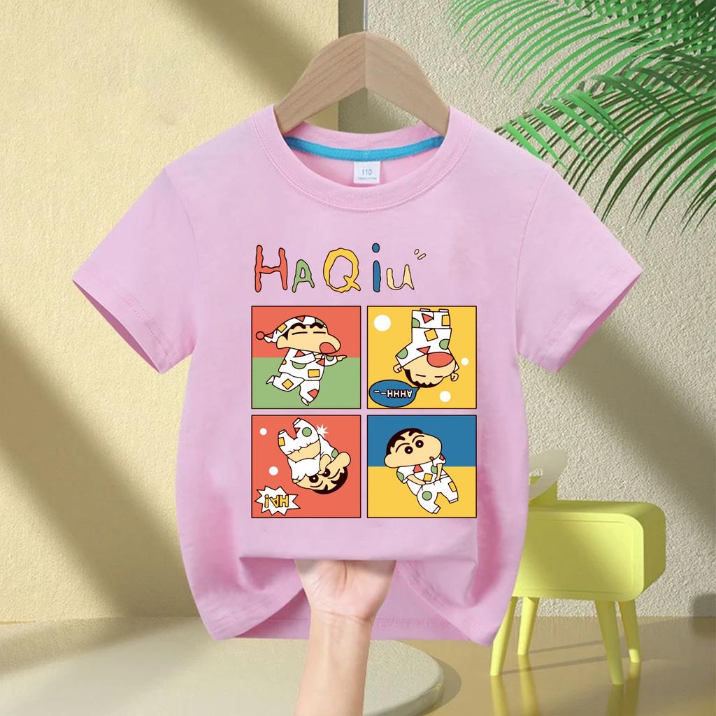 2026 New Summer Cotton Cartoon Crayon Shinchan Print TShirt Summer Fashion Casual Round Neck Cotton Childrens Top