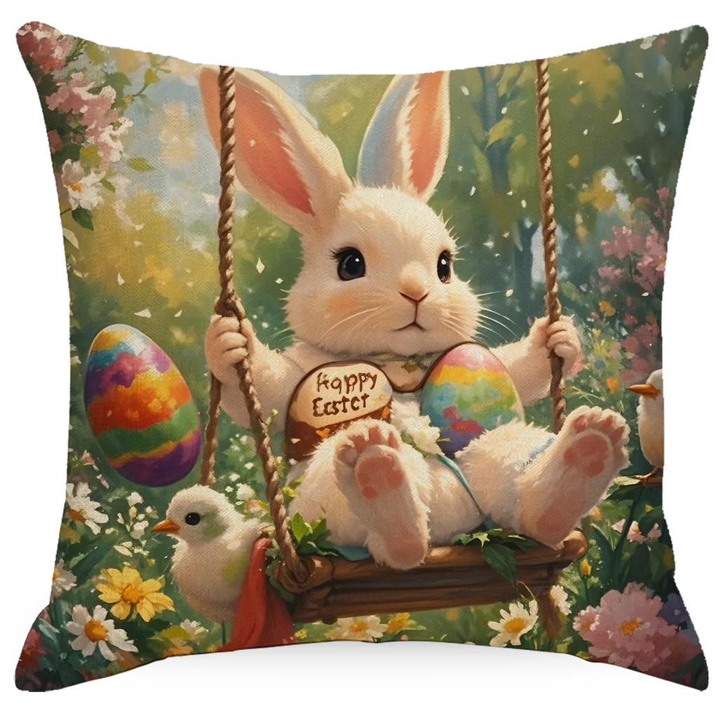 New Easter Pillowcase Watercolor Flowers Rabbit Home Pillow Cushion Cover