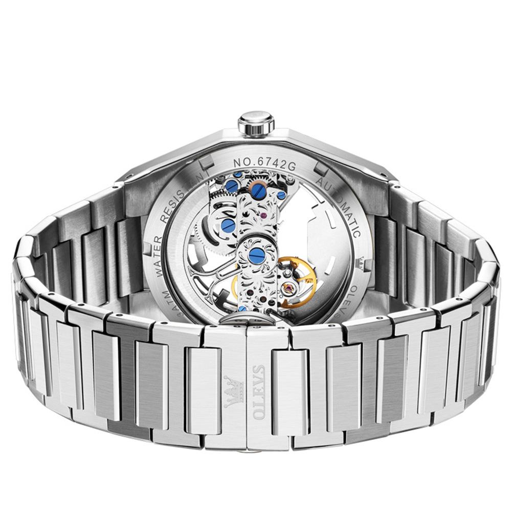 OLEVS Luxury Octagonal Skeleton Automatic Watch for Men Stainless Steel Band Hollow Mechanical Sport Self-winding Male Clock