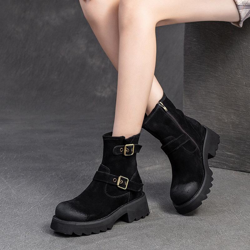 Fashion GKTINOO Genuine Leather Thick Heeled Thick Soled Short Boots Women 2025 Winter New Round Toe Retro Platform Shoes Ankle Boots