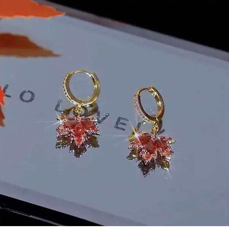 

French Retro Red Maple Leaf Earrings, Feminine Tassel Earrings, Party Exclusive Jewelry.