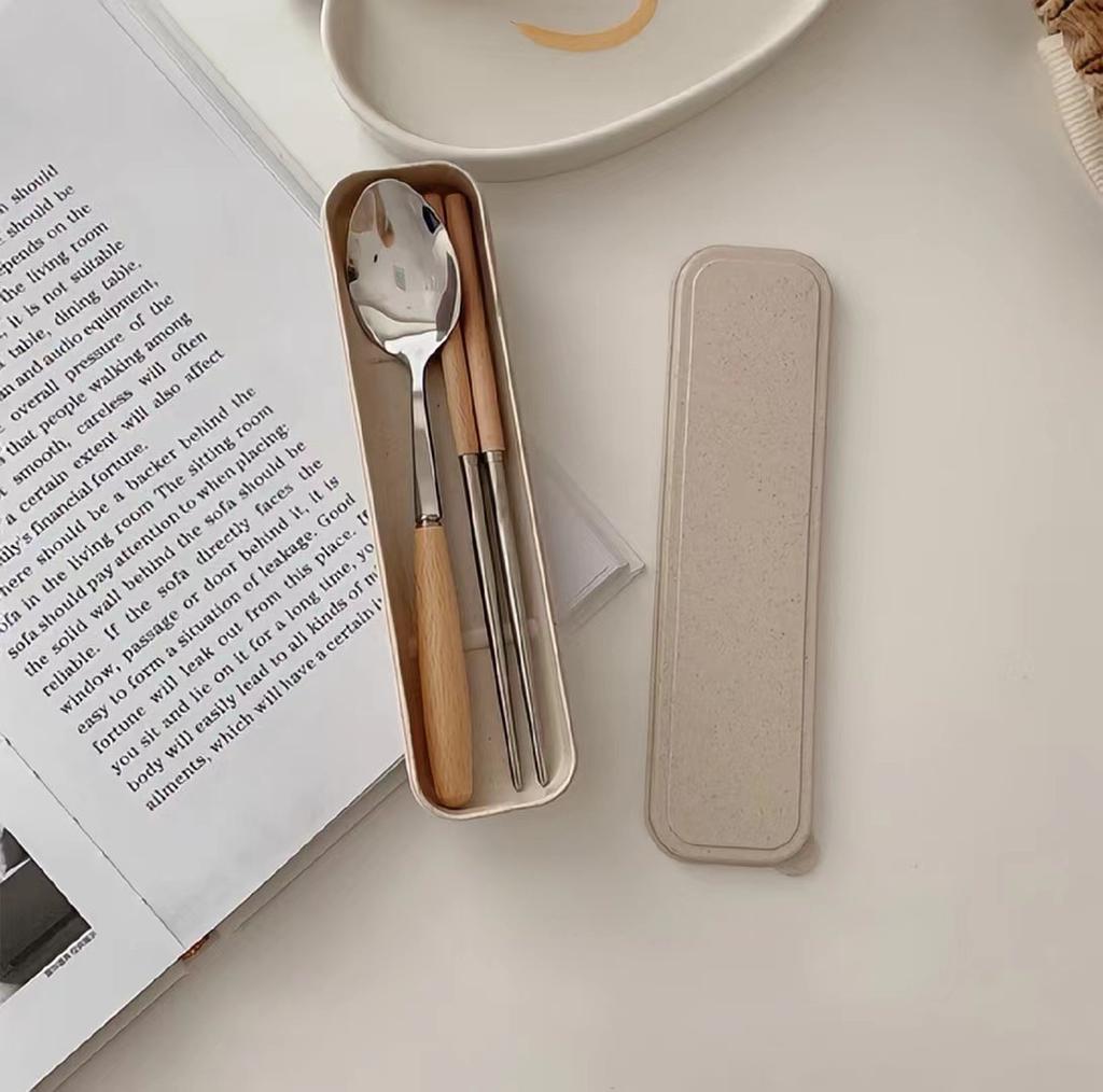 Wooden tableware three-piece set, spoon, premium wooden handle chopsticks, fork, stainless steel portable tableware, chopstick set.