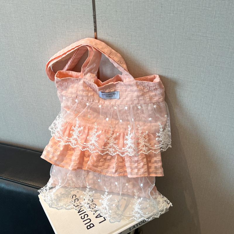 

Vintage Mori women s style heavy industry lace splicing cotton and linen shoulder bag 25 summer handbag bag large capacity handbag 32*1*37 розовый