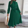 Women's Elegant Stand-up Collar Long-sleeved Fashion Dress Women's Belt Pleated Casual Long Dress Casual A-line Party Dress Pleated Long Skirt