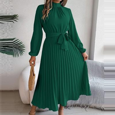 Elegancka Damska Sukienka Modowa z Długim Rękawem i Stójką Damski Pasek Plisowana Casualowa Długa Sukienka Casualowa Sukienka Imprezowa o Fasonie A Plisowana Długa Spódnica