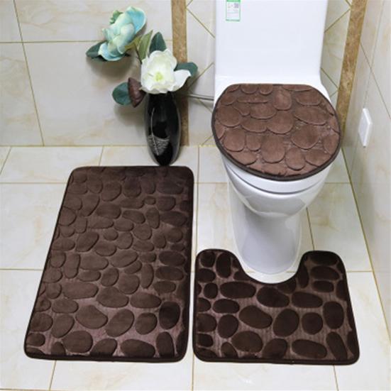 1 Set Cobblestone Pattern Toilet Lid Cover Super Soft Polyester Foldable Anti-skid Bath Mat for Home