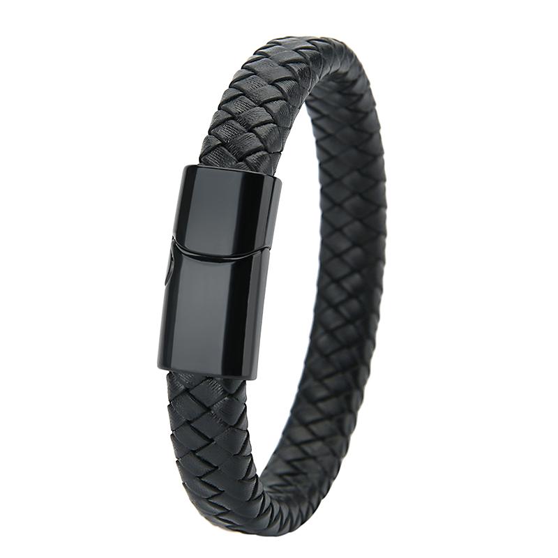 Mibrow Czarna Skórzana Pleciona Bransoleta Męska Rozmiar 10x5 12x6mm Modny Metalowy Magnetyczny Zapięcie Bransolety Owijane Punkowy Charm Biżuteria Męska