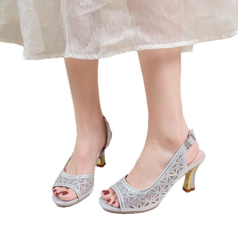 Summer New Fish Mouth Foot High Heel Fashion Casual Large Size Shallow Mouth Rhinestone Net Single Shoes