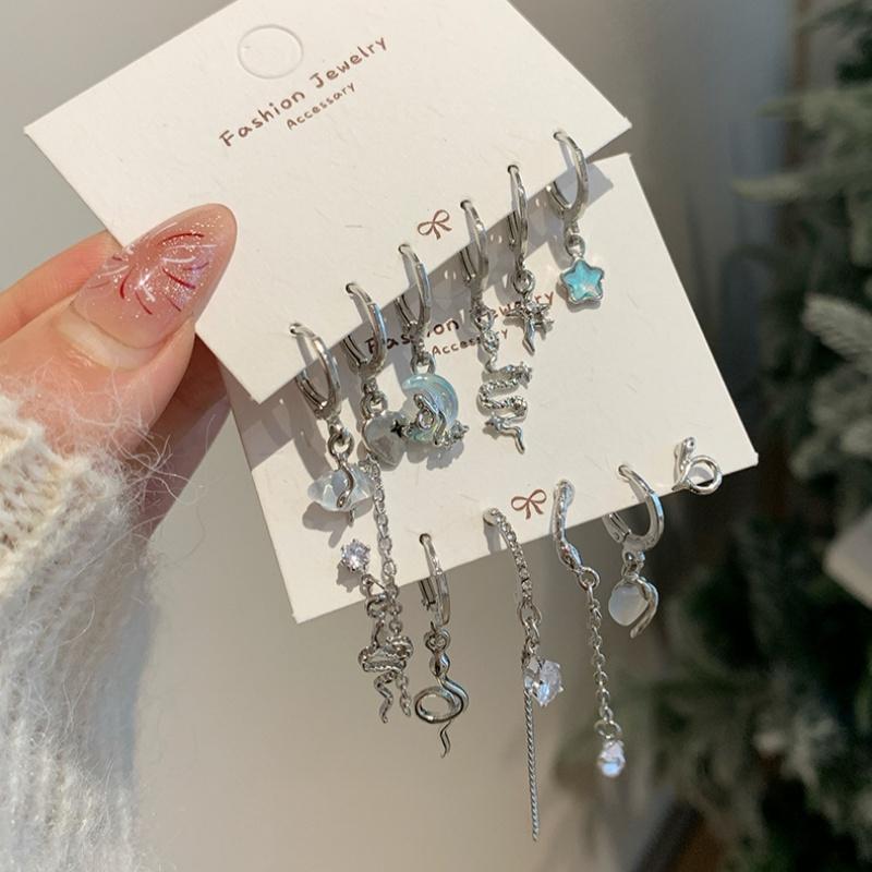 6Pcs/set Snake Blue Crystal Star Zircon Hoop Earrings Set Women Y2K Jewelry Accessories Gift for Date Party Travel