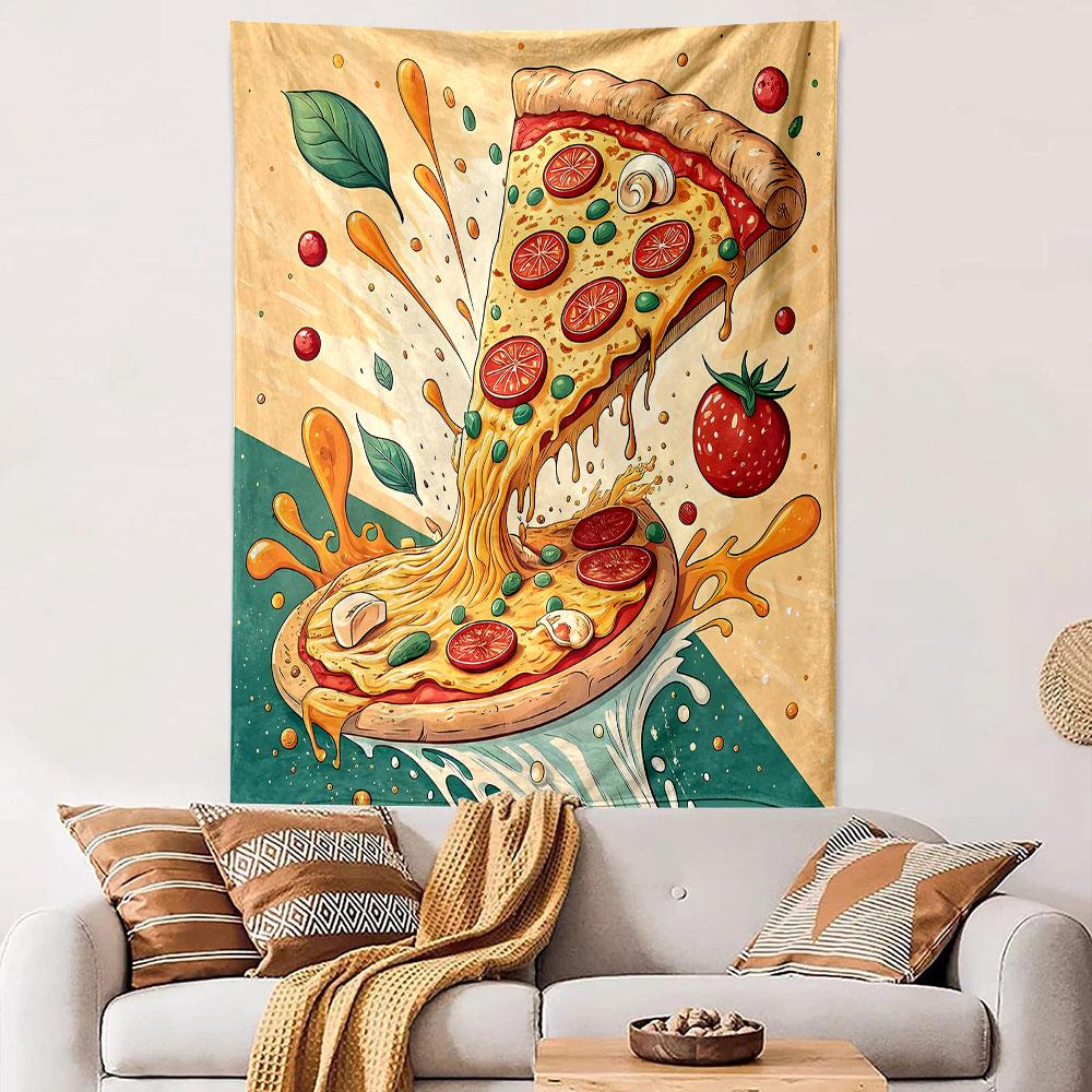 Cheesy Pizza Slice with Toppings Illustration Patterned Tapestry Decorative Wall Hanging, Home Bedroom Living Room Decor