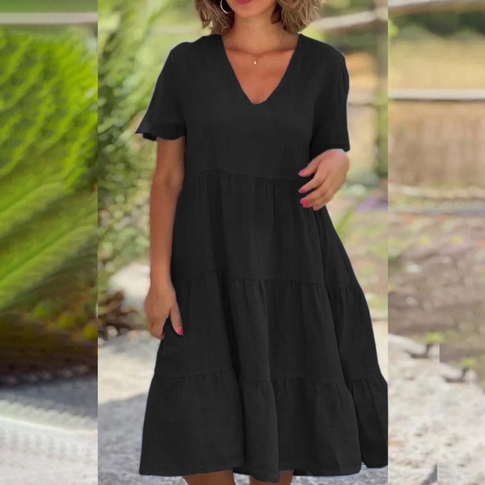 

Модное женское летнее платье с V-образным вырезом, повседневное модное однотонное пуловерное платье XXXL чёрный