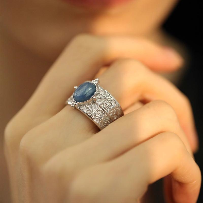 Blue Crystal Luxurious Copper Ring For Women With Unique Adjustable Band Wide