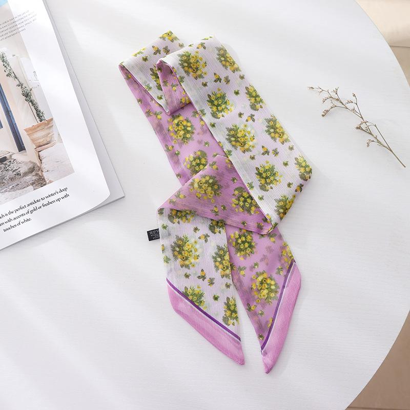 Summer French Retro Pink Tied Hair Small Floral Long Silk Scarf Headband Braided Hair Chiffon Thin Ribbon Scarf