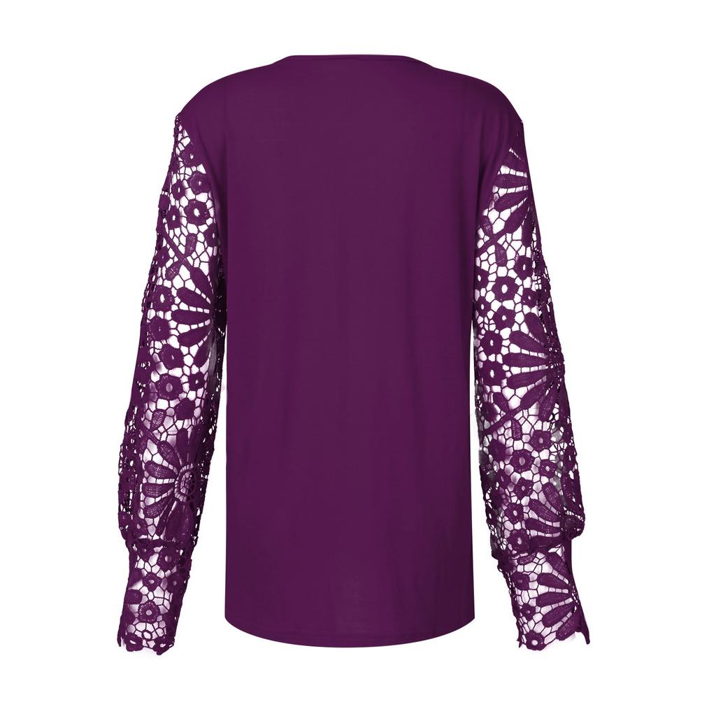 Lässiges, einfarbiges, langärmliges Damen-T-Shirt mit plissierten Knöpfen und Spitzenärmeln
