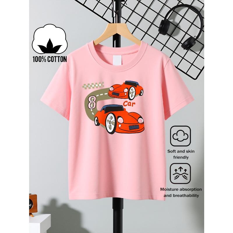 European sizes Boys' Short-sleeve T-shirt,Cotton with Printed Design, Red Racing Car Number Eight Children's Short Sleeves