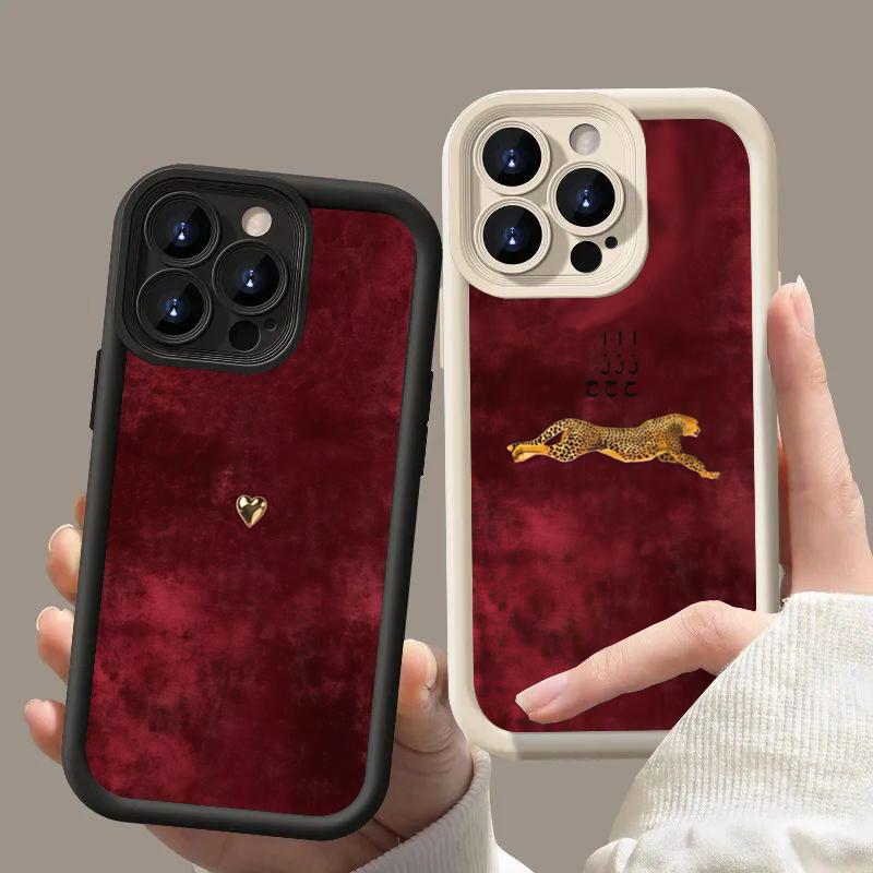 Wine Red Suede Gold Heart Leopard Phone Case For Samsung Galaxy S25 S24 S23 S22 S21 Ultra Plus FE A26 A33 A25 A16 A56 Soft Cover