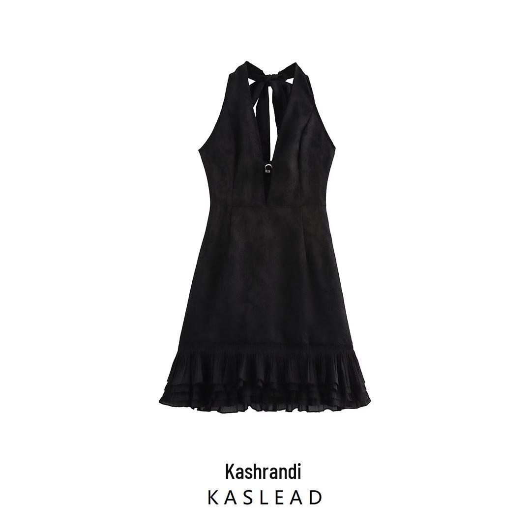 

Spring 2025: Women s European & American Halterneck Layered Ruffle Dress M