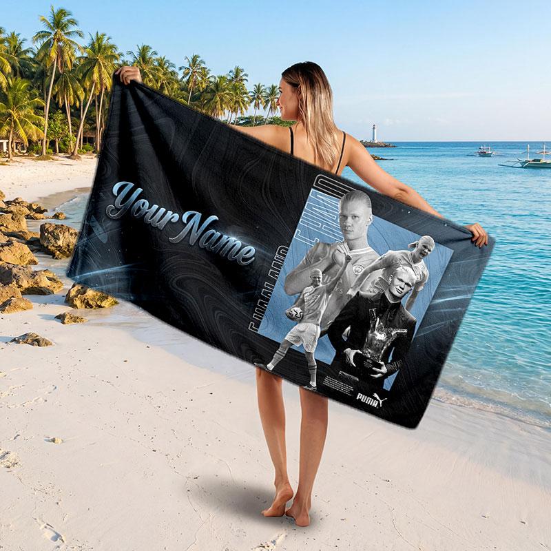 Erling Haaland Custom Beach Towel, Personalized Name Text Print, Football Logo Soft Quick‑Dry Towel Holiday Gift