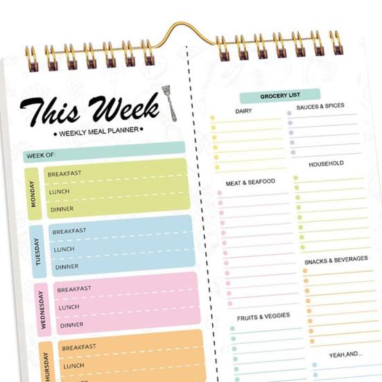 Magnetic Weekly Meal Planner Notebook Wall-Mounted Meal Planning Pad Grocery List Notepad Double Helix Tear-Off Shopping List Kitchen Organizer
