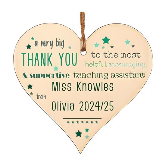 Wooden Heart Plaque Teacher Gift Heart Shape Hanging Decoration Thank You Gift for Teachers Nursery Preschool Childminder