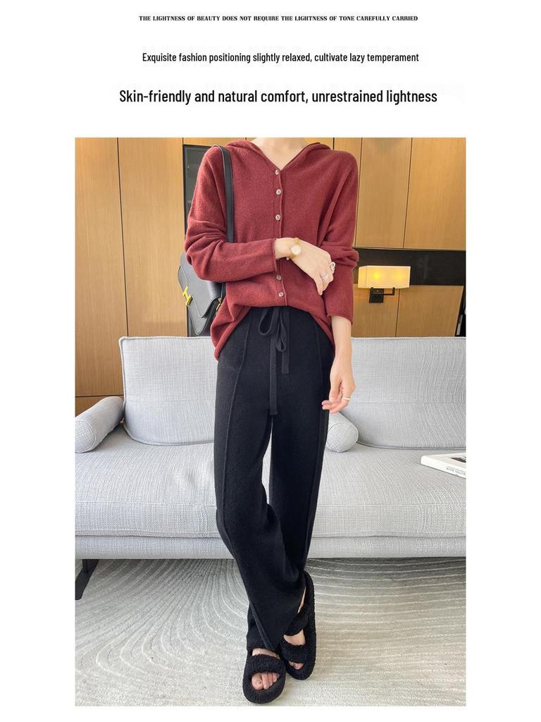 Women's High-Waisted Wide-Leg Knit Pants - Warm, Thick, Casual Floor-Length with Drawstring