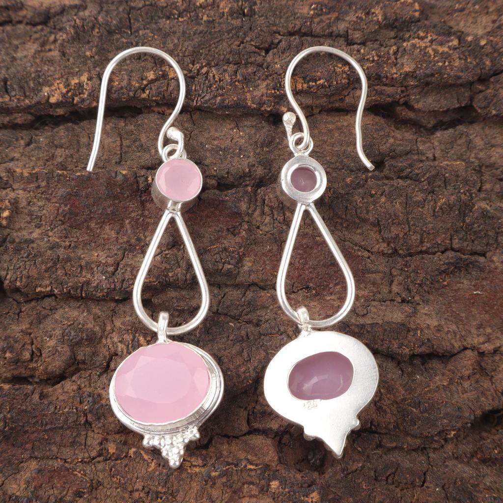 Rose Chalcedony Gemstone 925 Sterling Silver Jewelry Handmade Earrings 2.50" EE-132-10