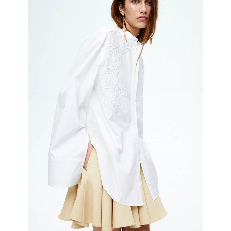 Summer New Product Women's Clothes Straight-leg Hem Chinese Stand Collar Drop-Shoulder Long-Sleeve Embroider Cotton Shirt 1284333