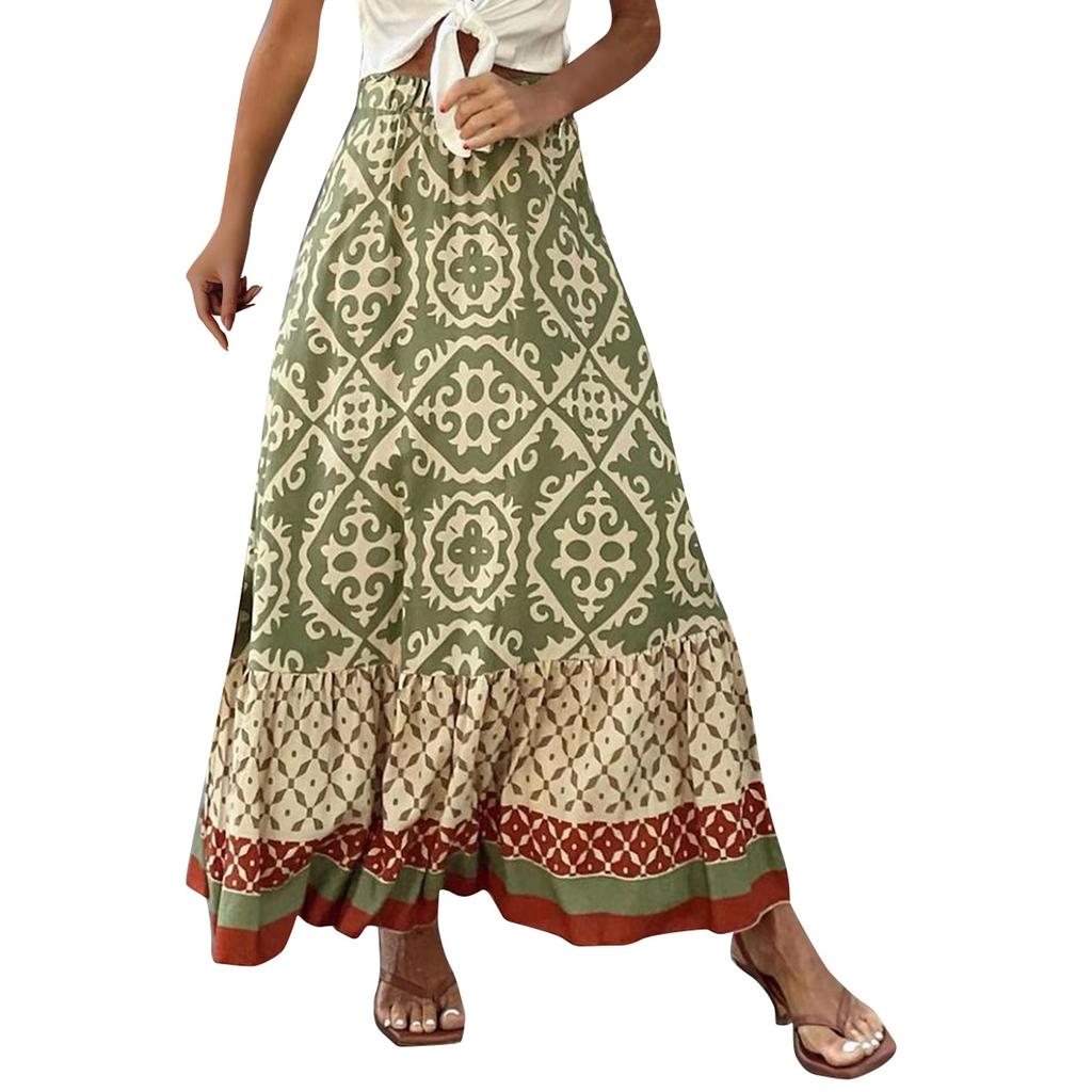 Dámská móda s bohémským potiskem Sukně s elastickým pasem Volná ležérní sukně s vysokým pasem s velkým lemem