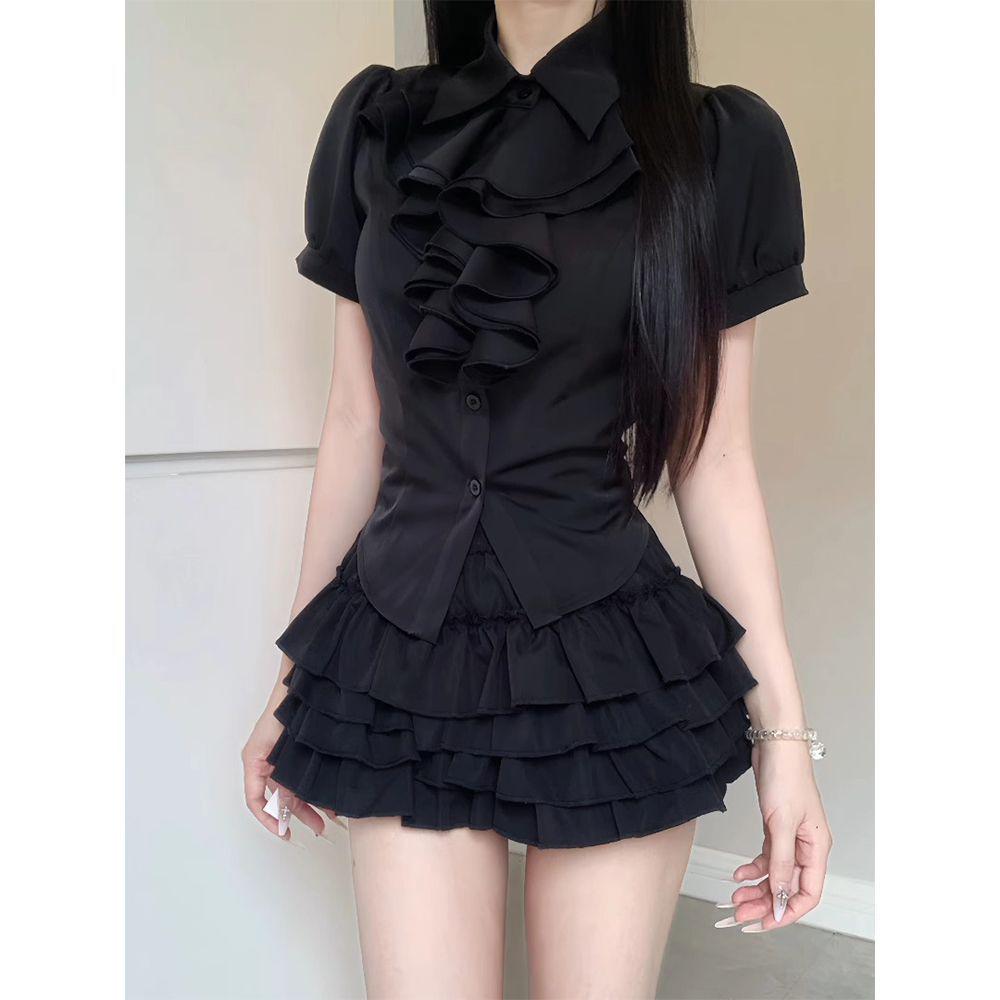 Conjunto de Top com Mangas Bufantes e Saia Fofa Estilo Gótico da Corte Coreana