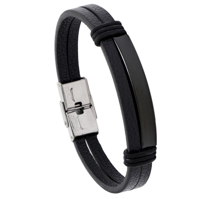 Simple Blank Stainless Steel Magnetic Buckle Design Black Leather Sporty Bracelet Men Bangle Fashion Jewelry чёрный