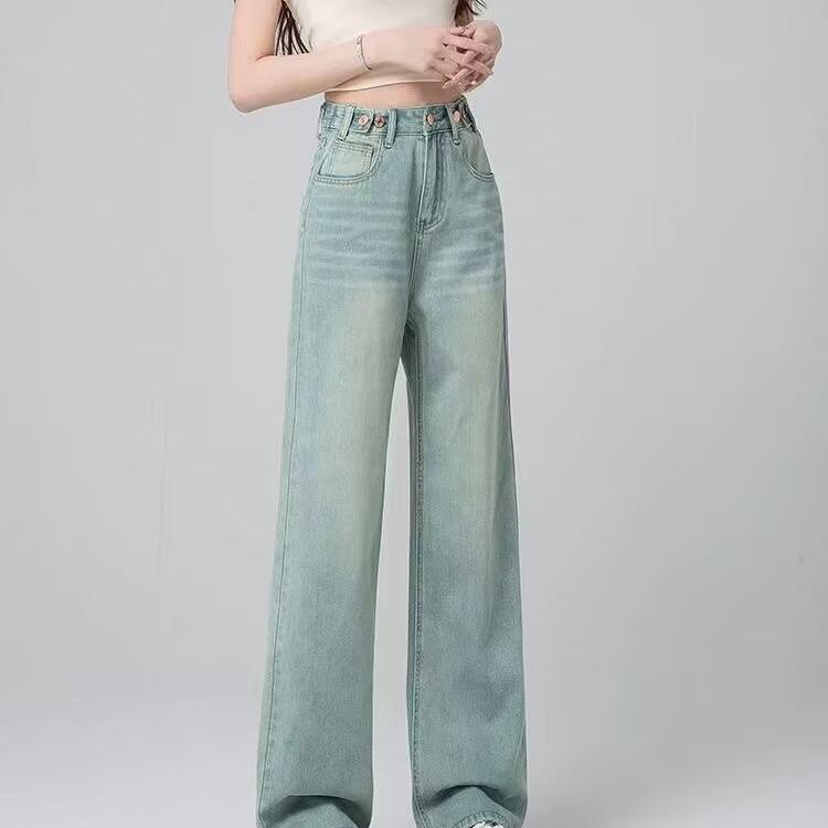 Women's High-Waisted Wide-Leg Light Jeans - Spring/Autumn 2024, Loose, Slimming, Straight, Floor-Length.