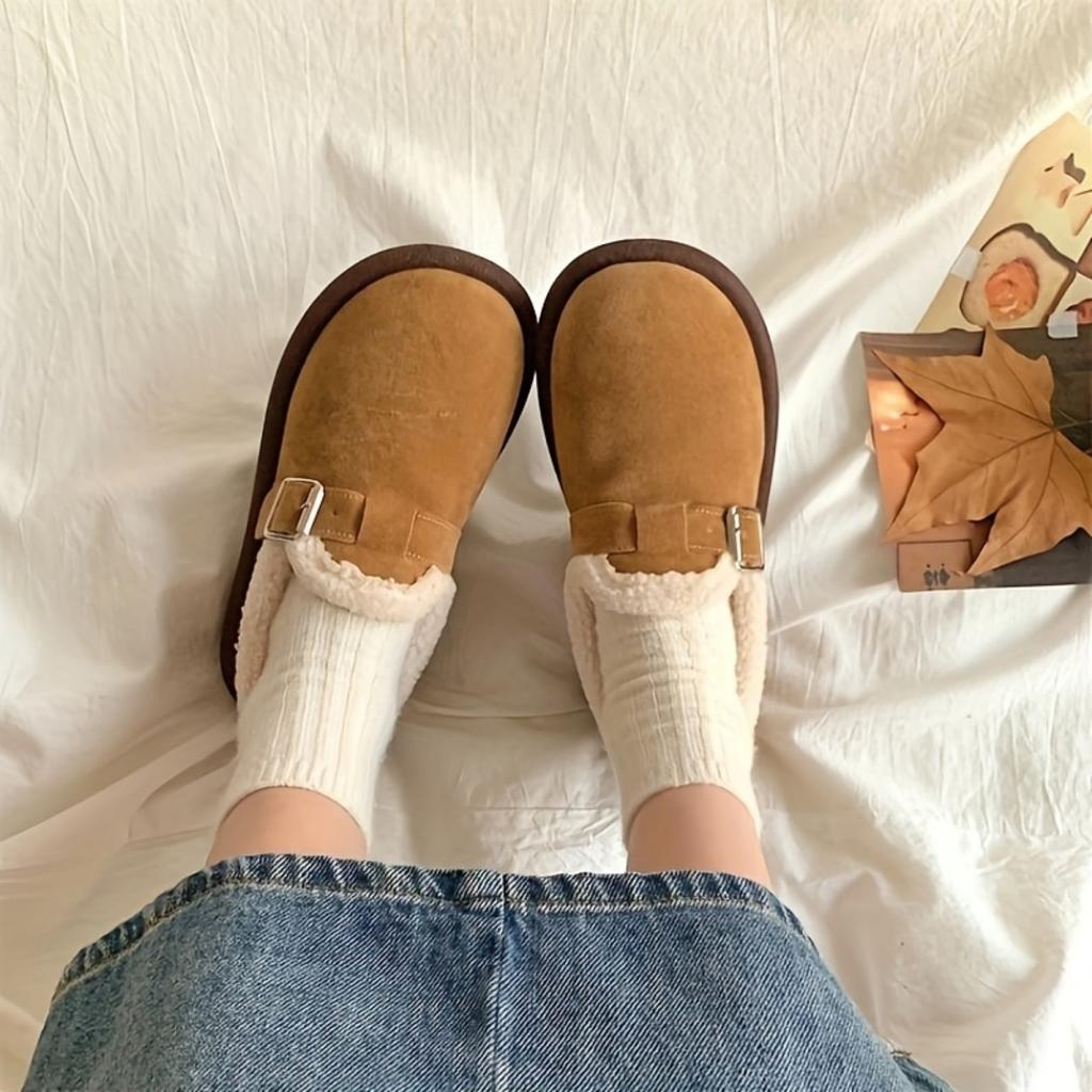 New Flat Shoes with Plush Soft Sole, One Foot Kick, Bean Shoes, Flat Bottom, Warm Fur Shoes, Instagram Super Popular, Boken Retro