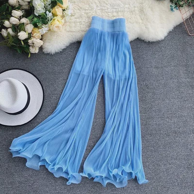 Women's Summer Ruffled Fishtail Flared Pants - Elastic Waist, Pleated, Fashionable Air-Conditioning Trousers