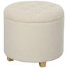 Round Upholstered Storage Ottoman with Lid, Wooden Legs, Cream White