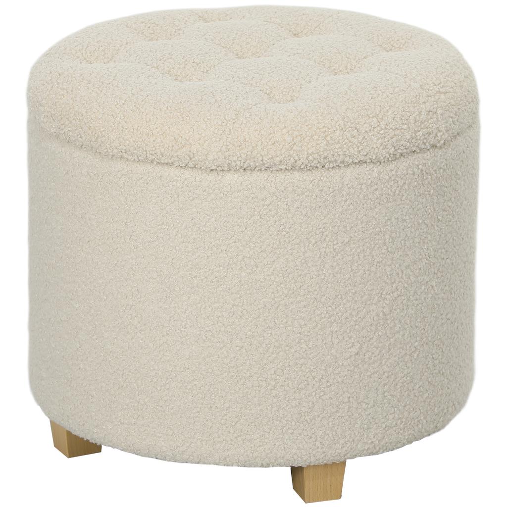 Round Upholstered Storage Ottoman with Lid, Wooden Legs, Cream White