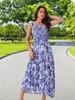 Uxcell Women's Floral Print Beach Sundress, Square Neck, Ruffled, Cap Sleeves, Tiered Maxi Dress, Dark Blue, Size S