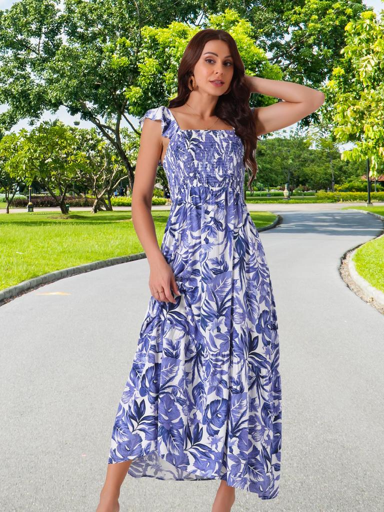 Uxcell Women's Floral Print Beach Sundress, Square Neck, Ruffled, Cap Sleeves, Tiered Maxi Dress, Dark Blue, Size S
