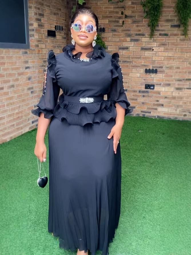 Plus Size Women's Black Evening Gown with Mesh Sleeves and Ruffled Waist