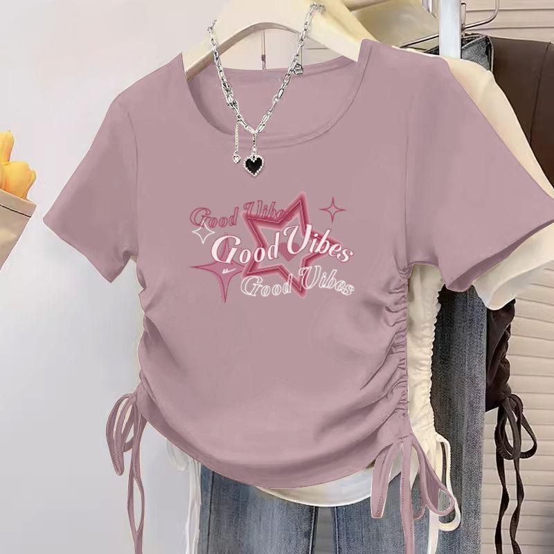 

Летняя женская трикотажная футболка с коротким рукавом, облегающая, укороченный топ на кулиске, сексуальная, повседневная, уличная мода, модная футболка L