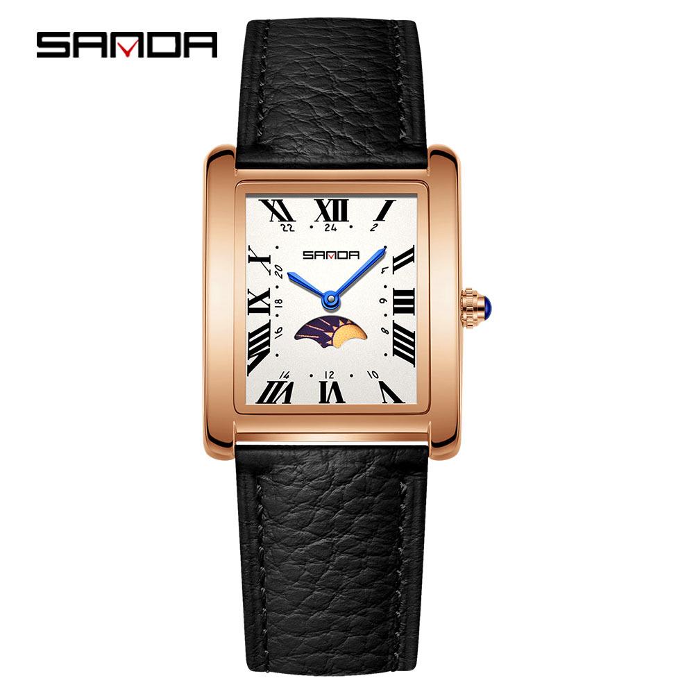 Sanda Women's Retro Quartz Waterproof Watch with Roman Numerals, Moon Phase, and Light Luxury Design - Square Model 9122.