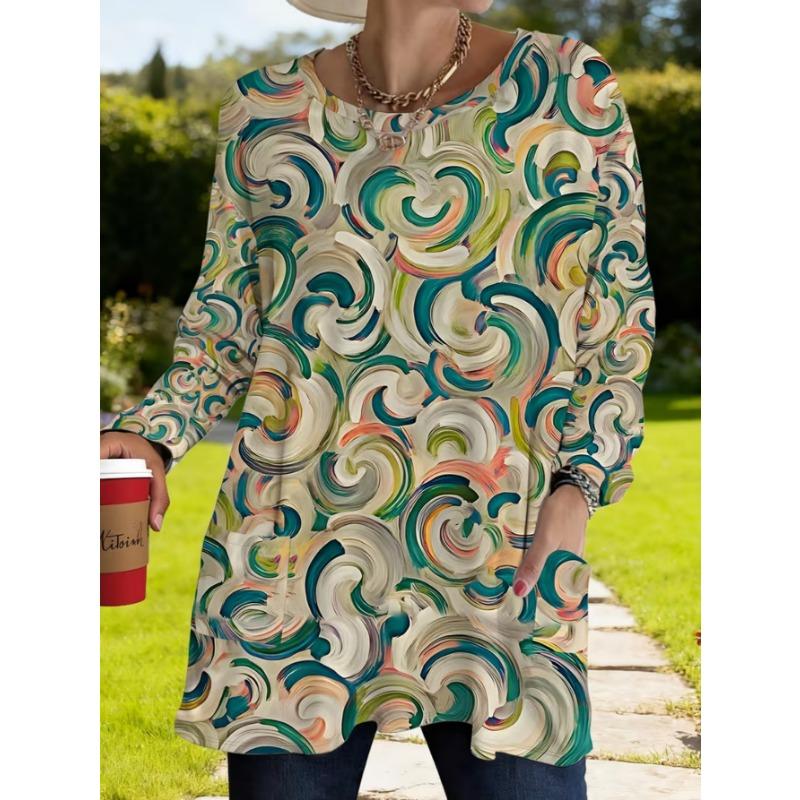 Women's Long-sleeved Round-neck T-shirt, Suitable for Spring, Autumn and Winter Seasons. It Has Pockets and Print Designs. Machine Washable.