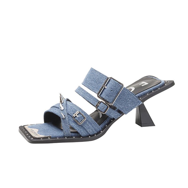 Summer Women Sexy High Heels Rivets Denim Cross-tied High Heel Sandals Leather Black Punk Roman Slippers Ladies Slides