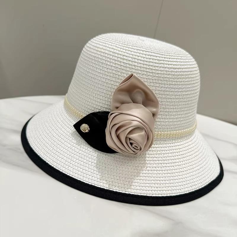Vintage Rose Pearl Decorative Bucket Hat Women's Summer Sunshade Sunscreen Hepburn Style Straw Hat Bowler Hat