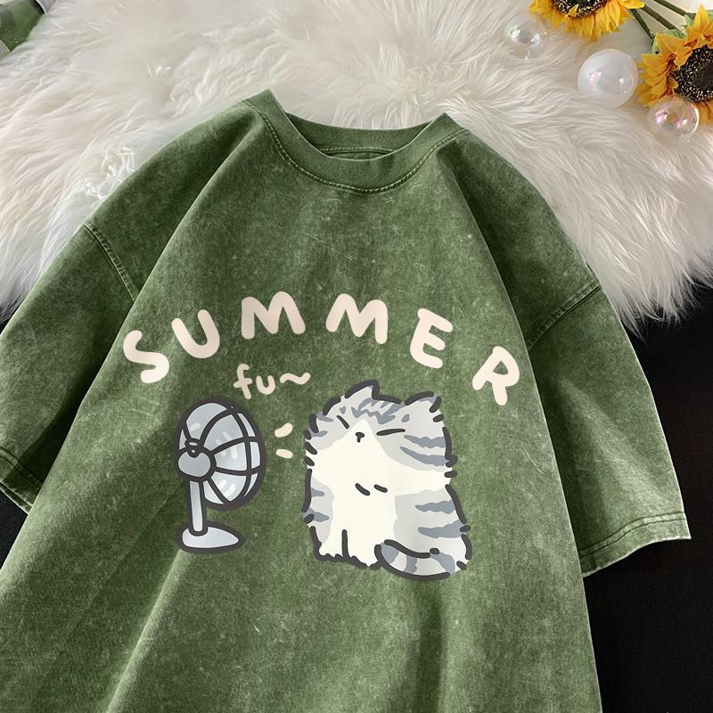 American Street Creative Blow Fan Cat Pure Cotton T-shirt Men Women Summer Relaxed Short Sleeve Couple Vintage Water Washing Top