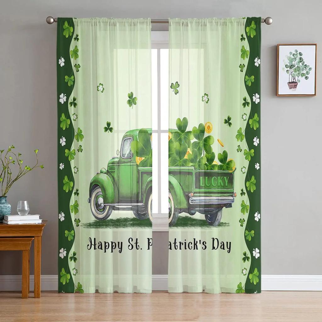 St Patrick Day Curtains Shamrocks Gold Beer Hat Voile Curtain Green Lucky Leaves Window Drapes Bedroom Living Room Sheer For Area Made Of Polyester