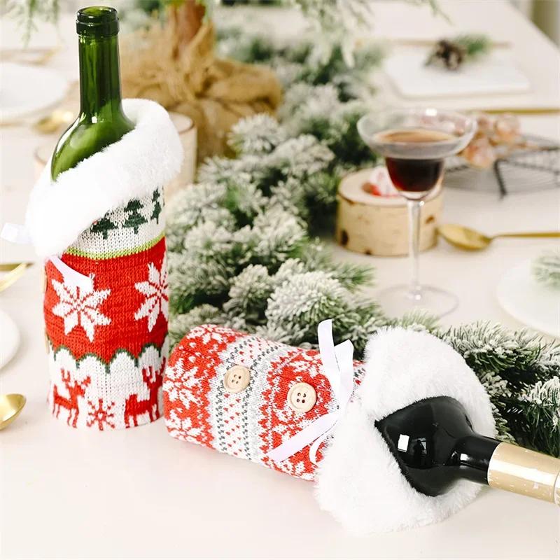 Christmas Wine Bottle Cover Knitted Red Sweater Button Snowflake Christmas Bottle Bag Xmas New Year Gift Kitchen Table Ornaments