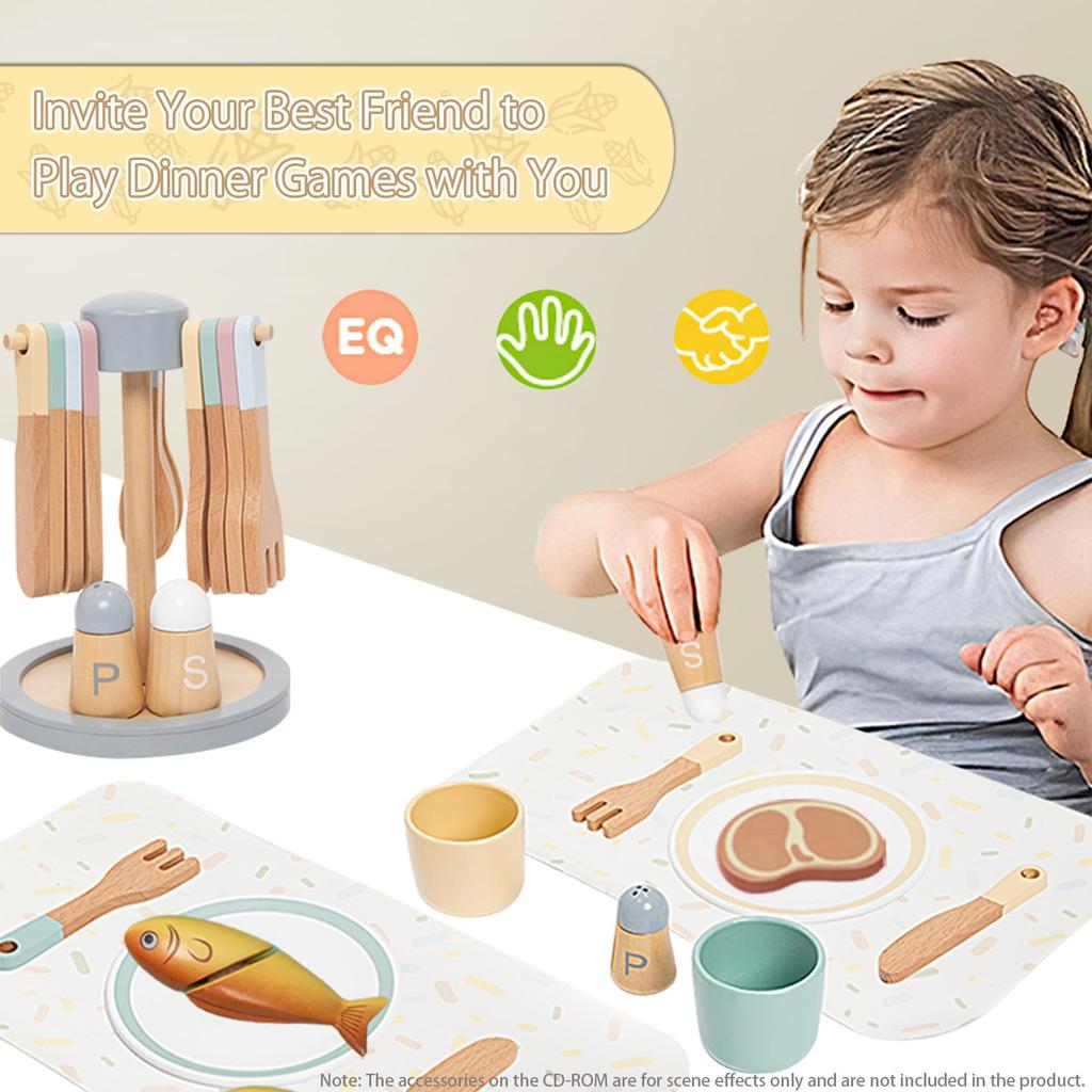 UMU Kinderspiel-Geschirrset, Holz-Kinderküchen-Geschirrset, 33-teiliges Set, Montiert, Montessori-Stil für Jungen und Mädchen, Perfekt für Pr