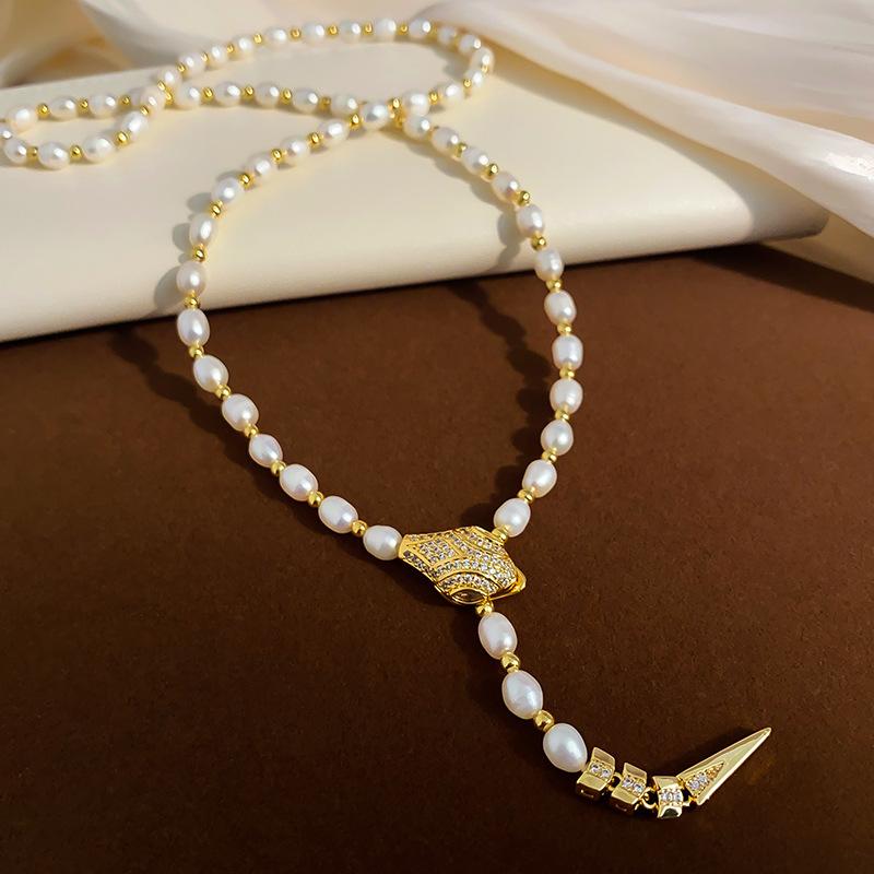 Luxury Shiny CZ Zircon Snake Animal Style Natural Freshwater Pearl 14K Gold Filled Lady Sweater Chain Necklace Gifts
