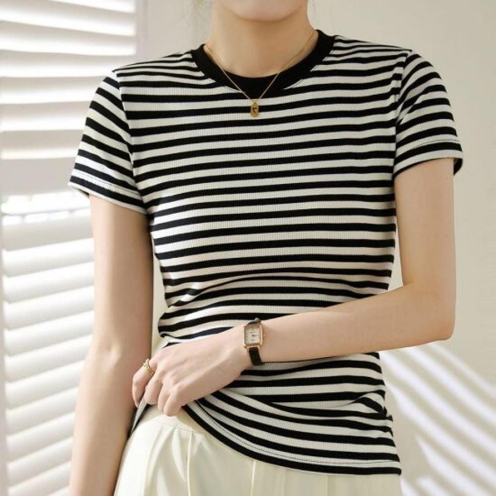 Navava NT3345 Women S caSual Daily STriped Round Neck ShorT Sleeve T ShirT