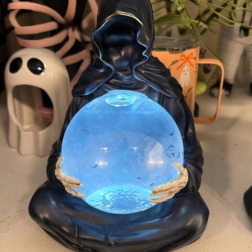 Resins Death God Sculpture Crystal Ball Halloween Decors LED Light Up With Flying Bats For Home Party Collectible Gift